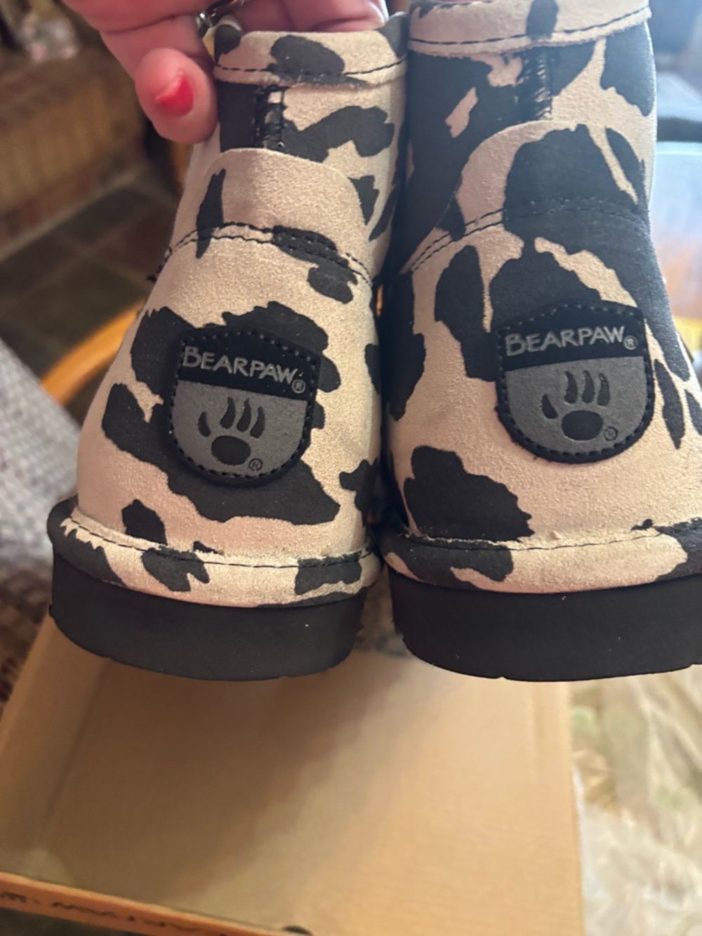 RARE BearPaw Margot Black & White Cow Print Cozy Boots - Picture 4 of 7